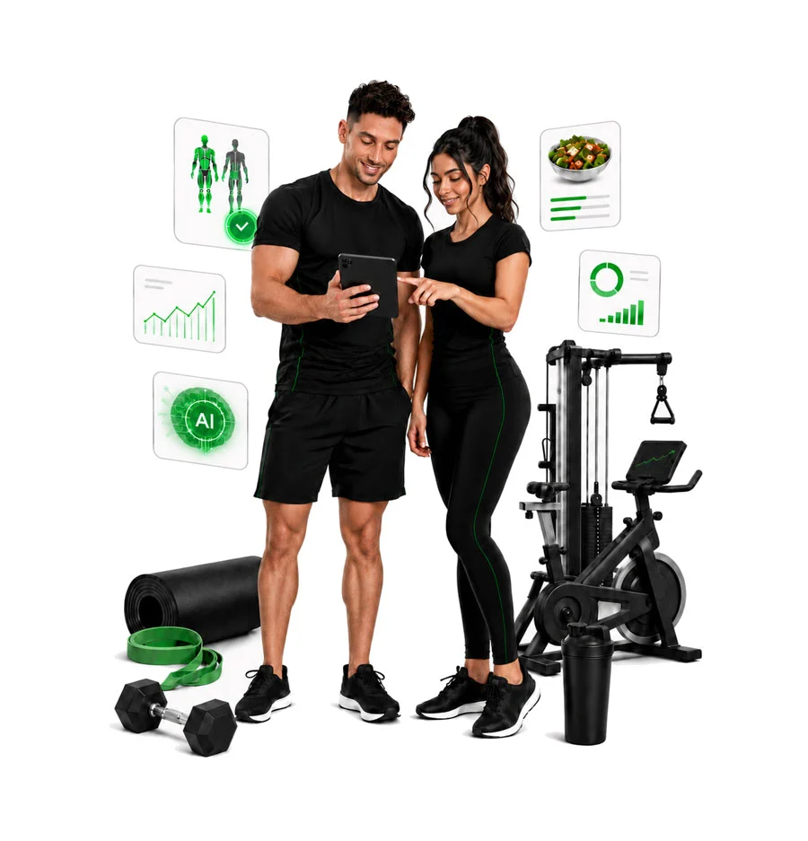 مربیان فلکسلی در کنار تجهیزات ورزشی و ابزارهای هوشمند تمرین و تغذیه