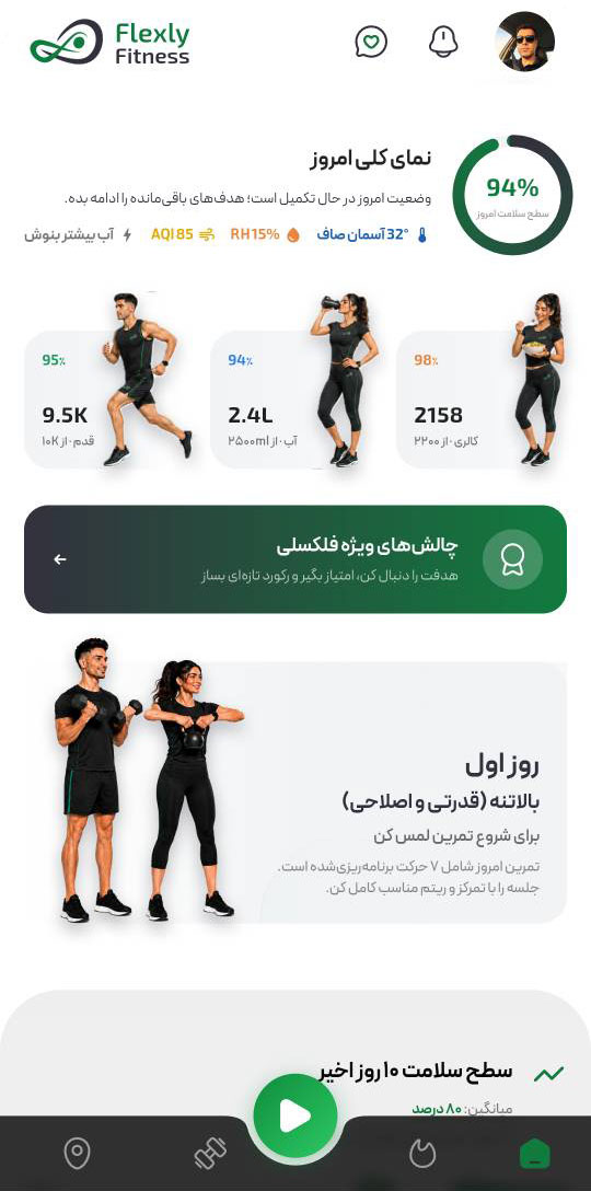 داشبورد اصلی و نمای کلی سلامت در اپلیکیشن فلکسلی