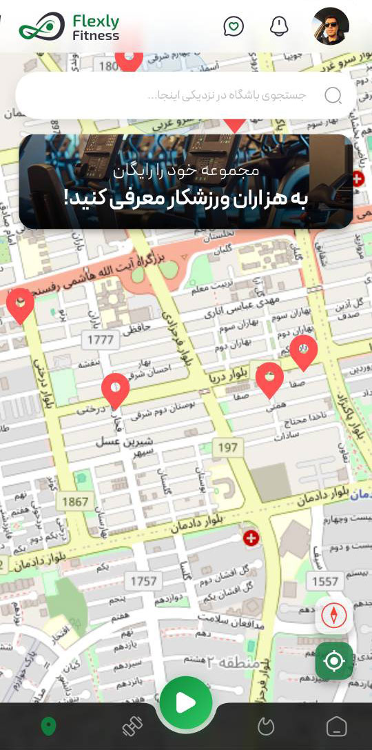 نقشه باشگاه‌های نزدیک در اپلیکیشن فلکسلی